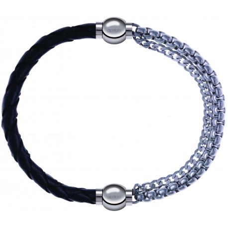 Apollon - Collection MiX - bracelet combinable cuir tressé italien noir - 10,5cm + chaines - 10,25cm