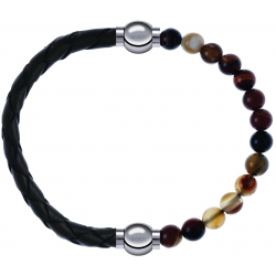 Apollon - Collection MiX - bracelet combinable cuir tressé italien vert - 10,5cm + agate marron 6mm - 10,25cm