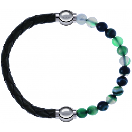 Apollon - Collection MiX - bracelet combinable cuir tressé italien vert - 10,5cm + agate indienne teintée 6mm - 10,25cm