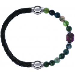 Apollon - Collection MiX - bracelet combinable cuir tressé italien vert - 10,5cm + agate verte 6mm - Bouddha - 10cm