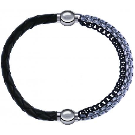 Apollon - Collection MiX - bracelet combinable cuir tressé italien vert - 10,5cm + chaines 2 tons noir et blancs - 10,25cm