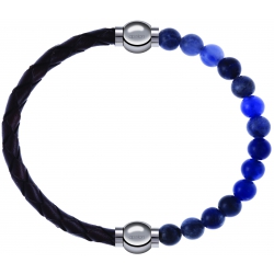 Apollon - Collection MiX - bracelet combinable cuir tressé italien marron - 10,5cm + sodalite 6mm - 10,25cm