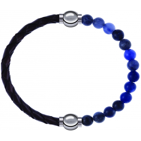 Apollon - Collection MiX - bracelet combinable cuir tressé italien marron - 10,5cm + sodalite 6mm - 10,25cm