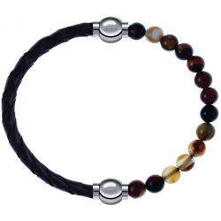 Apollon - Collection MiX - bracelet combinable cuir tressé italien marron - 10,5cm + agate marron 6mm - 10,25cm