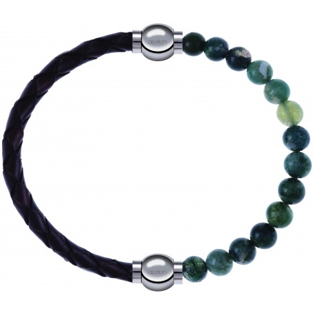 Apollon - Collection MiX - bracelet combinable cuir tressé italien marron - 10,5cm + agate verte mousse 6mm - 10,25cm