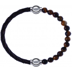 Apollon - Collection MiX - bracelet combinable cuir tressé italien marron - 10,5cm + oeil de tigre 6mm - 10,25cm