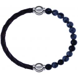 Apollon - Collection MiX - bracelet combinable cuir tressé italien marron - 10,5cm + obsidienne neige 6mm - 10,25cm