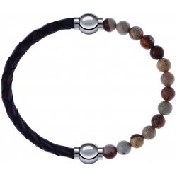 Apollon - Collection MiX - bracelet combinable cuir tressé italien marron - 10,5cm + agate jaspe 6mm - 10,25cm