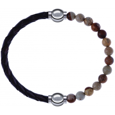 Apollon - Collection MiX - bracelet combinable cuir tressé italien marron - 10,5cm + agate jaspe 6mm - 10,25cm