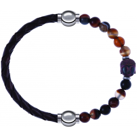 Apollon - Collection MiX - bracelet combinable cuir tressé italien marron - 10,5cm + agate marron 6mm - Bouddha - 10cm