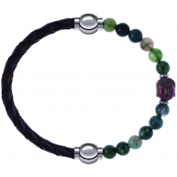 Apollon - Collection MiX - bracelet combinable cuir tressé italien marron - 10,5cm + agate verte 6mm - Bouddha - 10cm