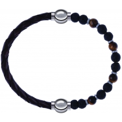 Apollon - Collection MiX - bracelet combinable cuir tressé italien marron - 10,5cm +oeil de tigre - pierre de lave 6mm - 10,75cm