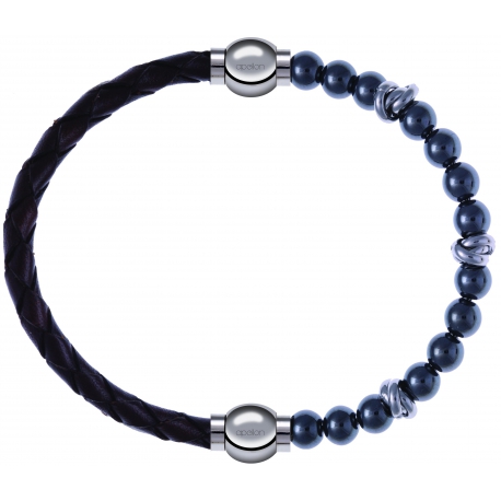 Apollon - Collection MiX - bracelet combinable cuir tressé italien marron - 10,5cm + hématite 6mm - 10cm