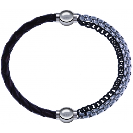 Apollon - Collection MiX - bracelet combinable cuir tressé italien marron - 10,5cm + chaines 2 tons noir et blancs - 10,25cm