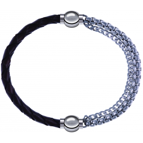 Apollon - Collection MiX - bracelet combinable cuir tressé italien marron - 10,5cm + chaines - 10,25cm