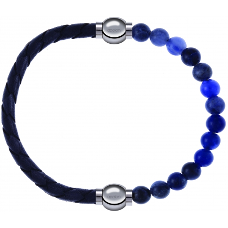 Apollon - Collection MiX - bracelet combinable cuir tressé italien gris - 10,5cm + sodalite 6mm - 10,25cm