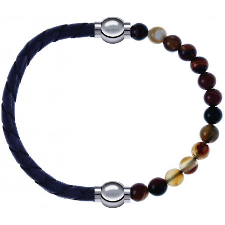 Apollon - Collection MiX - bracelet combinable cuir tressé italien gris - 10,5cm + agate marron 6mm - 10,25cm