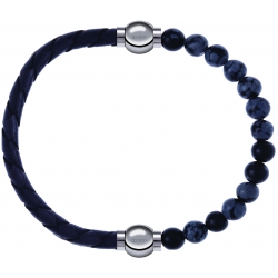Apollon - Collection MiX - bracelet combinable cuir tressé italien gris - 10,5cm + obsidienne neige 6mm - 10,25cm