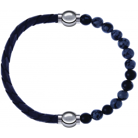 Apollon - Collection MiX - bracelet combinable cuir tressé italien gris - 10,5cm + obsidienne neige 6mm - 10,25cm