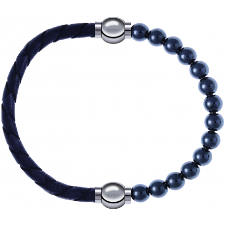 Apollon - Collection MiX - bracelet combinable cuir tressé italien gris - 10,5cm + hématite 6mm - 10,25cm