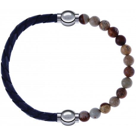 Apollon - Collection MiX - bracelet combinable cuir tressé italien gris - 10,5cm + agate jaspe 6mm - 10,25cm