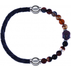 Apollon - Collection MiX - bracelet combinable cuir tressé italien gris - 10,5cm + agate marron 6mm - Bouddha - 10cm