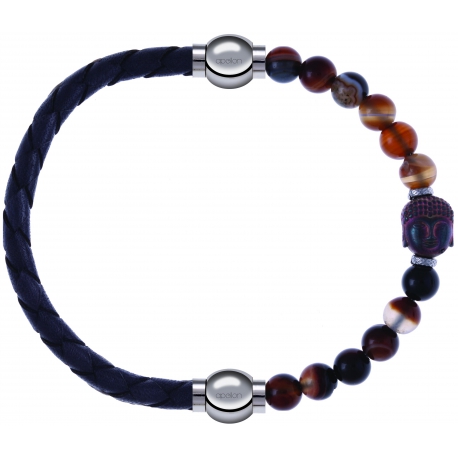 Apollon - Collection MiX - bracelet combinable cuir tressé italien gris - 10,5cm + agate marron 6mm - Bouddha - 10cm