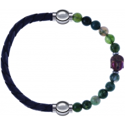 Apollon - Collection MiX - bracelet combinable cuir tressé italien gris - 10,5cm + agate verte 6mm - Bouddha - 10cm