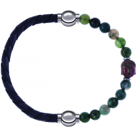Apollon - Collection MiX - bracelet combinable cuir tressé italien gris - 10,5cm + agate verte 6mm - Bouddha - 10cm