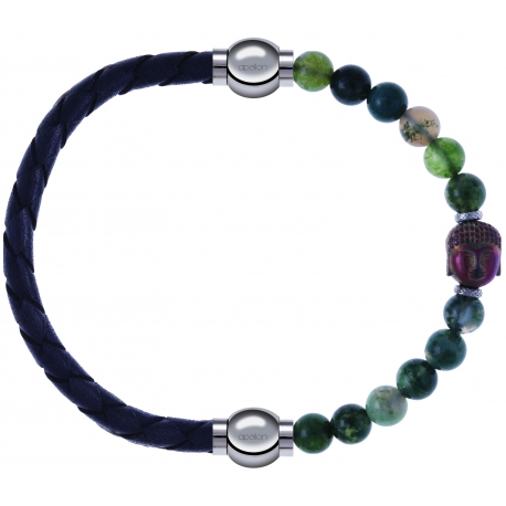 Apollon - Collection MiX - bracelet combinable cuir tressé italien gris - 10,5cm + agate verte 6mm - Bouddha - 10cm