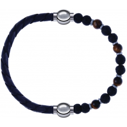 Apollon - Collection MiX - bracelet combinable cuir tressé italien gris - 10,5cm + oeil de tigre - pierre de lave 6mm - 10,75cm