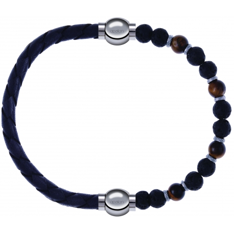 Apollon - Collection MiX - bracelet combinable cuir tressé italien gris - 10,5cm + oeil de tigre - pierre de lave 6mm - 10,75cm