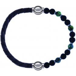 Apollon - Collection MiX - bracelet combinable cuir tressé italien gris-10,5cm + agate teintée verte-pierre de lave 6mm-10,75cm