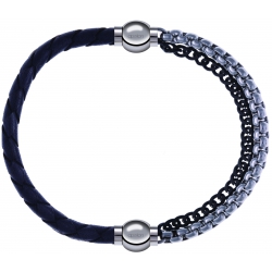 Apollon - Collection MiX - bracelet combinable cuir tressé italien gris - 10,5cm + chaines 2 tons noir et blancs - 10,25cm