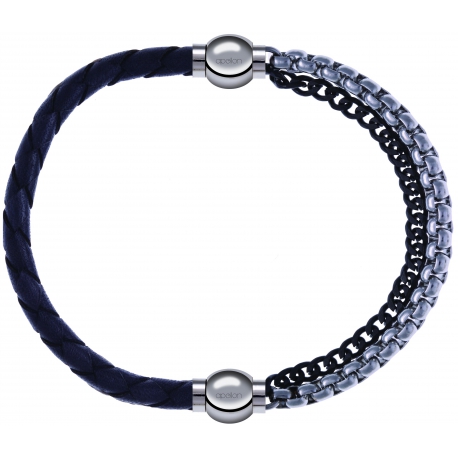 Apollon - Collection MiX - bracelet combinable cuir tressé italien gris - 10,5cm + chaines 2 tons noir et blancs - 10,25cm