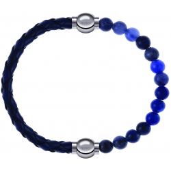 Apollon - Collection MiX - bracelet combinable cuir tressé italien bleu - 10,5cm + sodalite 6mm - 10,25cm