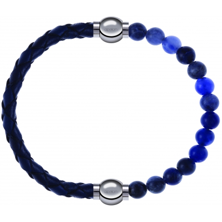 Apollon - Collection MiX - bracelet combinable cuir tressé italien bleu - 10,5cm + sodalite 6mm - 10,25cm