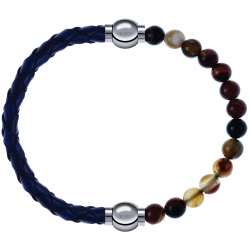 Apollon - Collection MiX - bracelet combinable cuir tressé italien bleu - 10,5cm + agate marron 6mm - 10,25cm