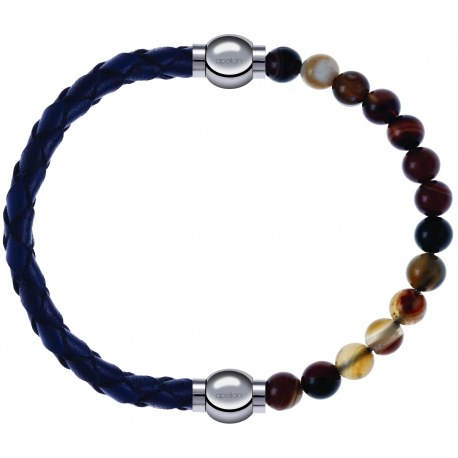 Apollon - Collection MiX - bracelet combinable cuir tressé italien bleu - 10,5cm + agate marron 6mm - 10,25cm