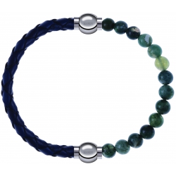 Apollon - Collection MiX - bracelet combinable cuir tressé italien bleu - 10,5cm + agate verte mousse 6mm - 10,25cm