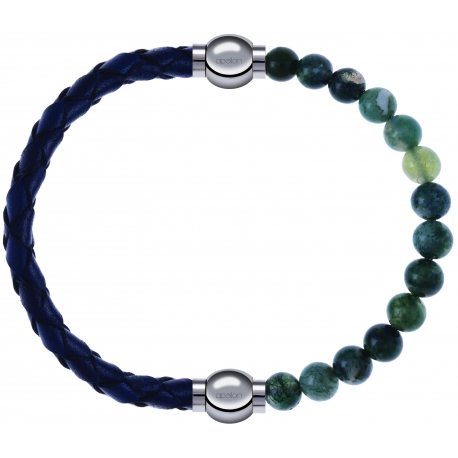 Apollon - Collection MiX - bracelet combinable cuir tressé italien bleu - 10,5cm + agate verte mousse 6mm - 10,25cm