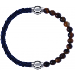 Apollon - Collection MiX - bracelet combinable cuir tressé italien bleu - 10,5cm + oeil de tigre 6mm - 10,25cm