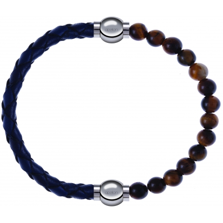 Apollon - Collection MiX - bracelet combinable cuir tressé italien bleu - 10,5cm + oeil de tigre 6mm - 10,25cm