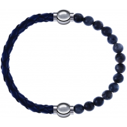 Apollon - Collection MiX - bracelet combinable cuir tressé italien bleu - 10,5cm + labradorite 6mm - 10,25cm