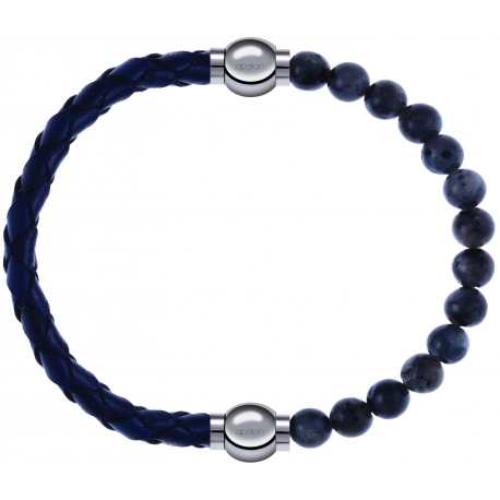 Apollon - Collection MiX - bracelet combinable cuir tressé italien bleu - 10,5cm + labradorite 6mm - 10,25cm