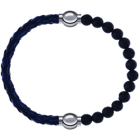 Apollon - Collection MiX - bracelet combinable cuir tressé italien bleu - 10,5cm + pierre de lave 6mm - 10,25cm