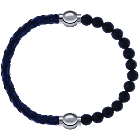 Apollon - Collection MiX - bracelet combinable cuir tressé italien bleu - 10,5cm + pierre de lave 6mm - 10,25cm