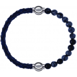 Apollon - Collection MiX - bracelet combinable cuir tressé italien bleu - 10,5cm + obsidienne neige 6mm - 10,25cm