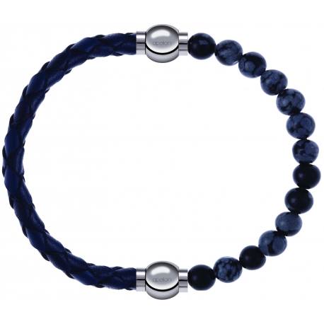 Apollon - Collection MiX - bracelet combinable cuir tressé italien bleu - 10,5cm + obsidienne neige 6mm - 10,25cm