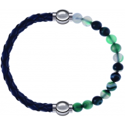 Apollon - Collection MiX - bracelet combinable cuir tressé italien bleu - 10,5cm + agate indienne teintée 6mm - 10,25cm